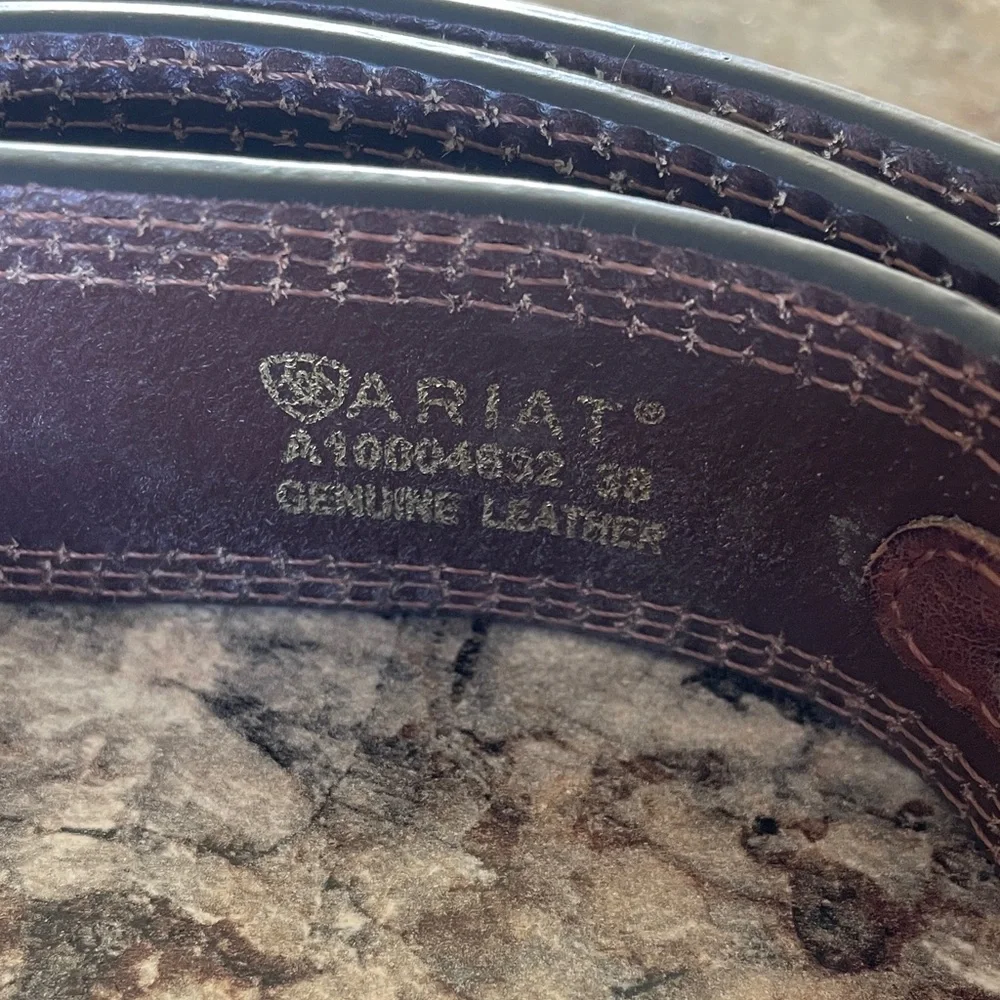 Ariat Men's Brown Leather Belt 38 Western Brushed Metal Buckle Equestrian Rodeo